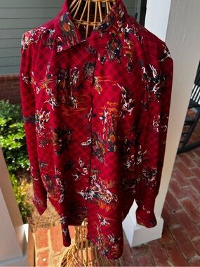 Vintage 90s Equestrian Fox Hunt Horse Hound Print Blouse XL